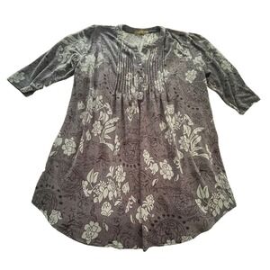ICE Silk Brand Flowy Long Top Womens 1X Gray Floral Button Up Super Soft